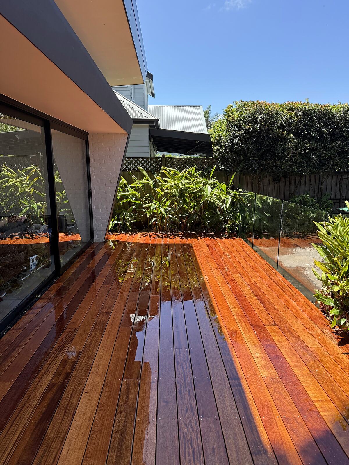 Freshly oiled hardwood deck